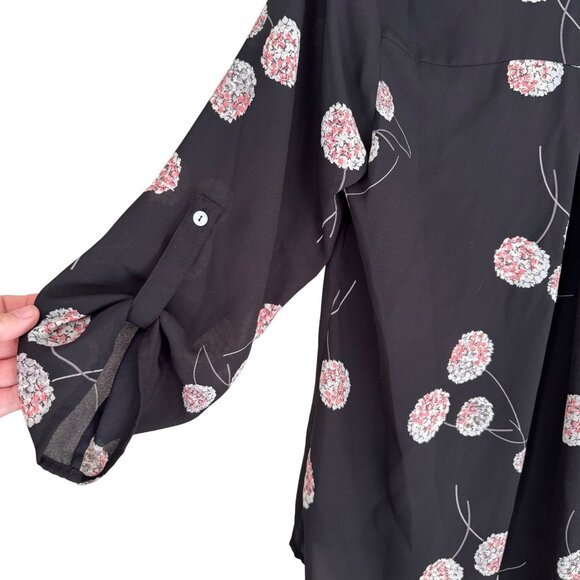 Daniel Rainn Black Floral Print Blouse  M 3/4 Sleeves & High-Low Hem - Picture 3 of 8